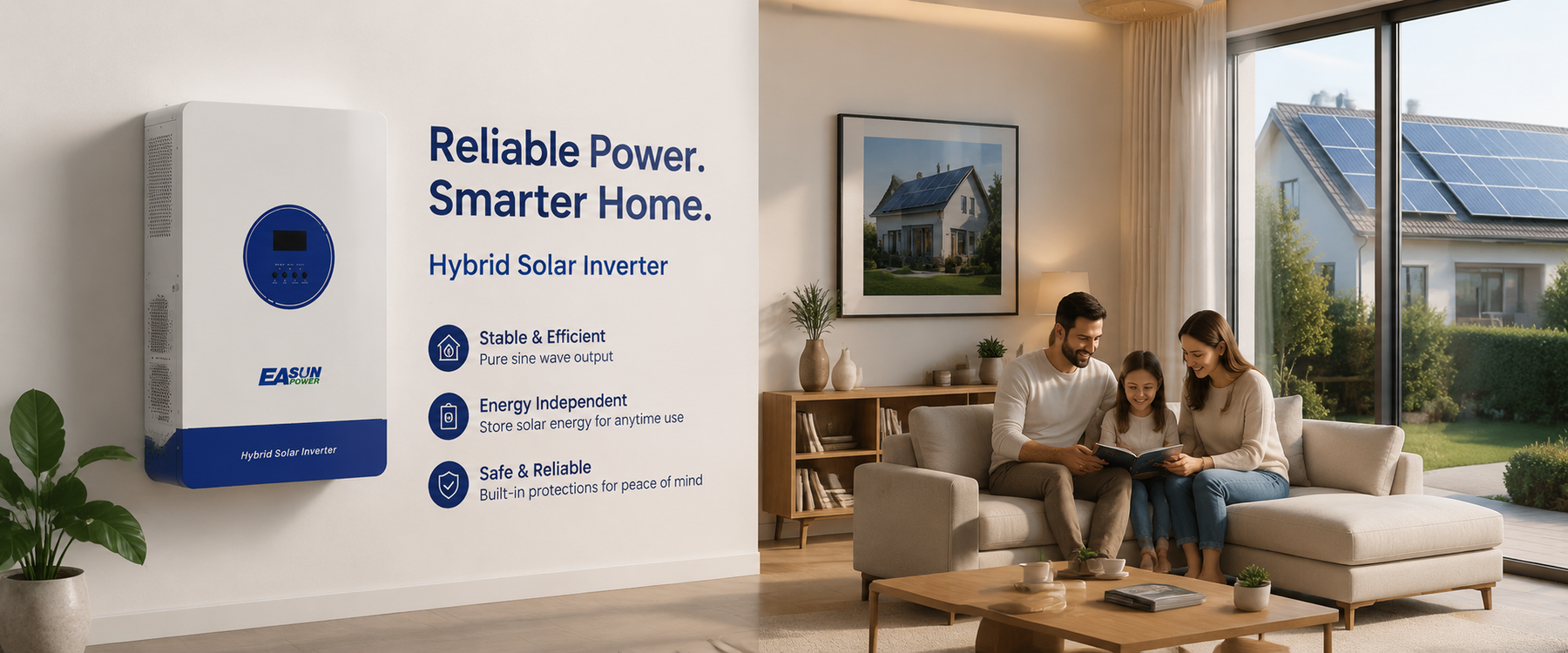 EASUN 11KW Hybrid Solar Inverter installed in a modern Australian home living room, showing family enjoying energy-efficient smart home power with solar panels outside