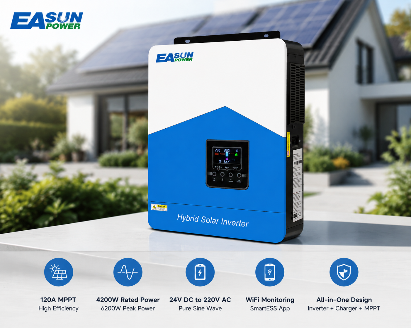EASUN 4.2K MPPT Solar Inverter 24V 220V Off-Grid Hybrid Inverter with LCD Display and WiFi Monitoring, suitable for Australian homes and farms