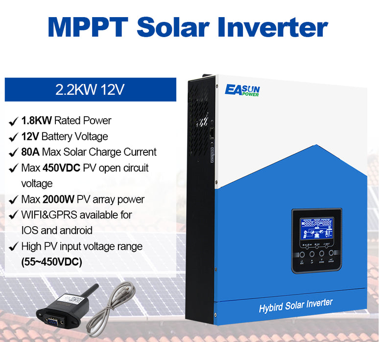 EASUN 2200W Off Grid Solar Inverter MPPT Pure Sine Wave Solar Charger LCD RS232