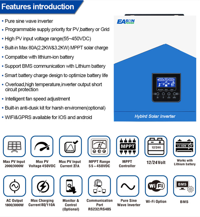 EASUN 2200W Off Grid Solar Inverter MPPT Pure Sine Wave Solar Charger LCD RS232