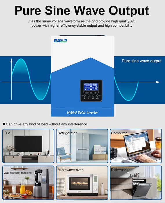 EASUN 2200W Off Grid Solar Inverter MPPT Pure Sine Wave Solar Charger LCD RS232