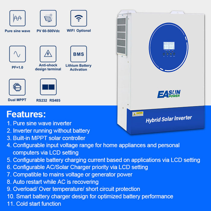 EASUN 11KW Off Grid Inverter Build-in MPPT 160A With Wifi Accept No Battery Work