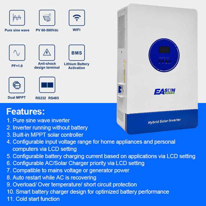 EASUN 11000W Off Grid inverter 150A Double MPPT Charger  BMS with WIFI