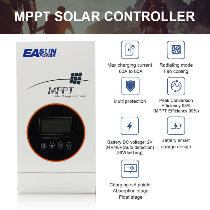 EASUN 80A 12V/24V/48V MPPT Solar Charge Controller with LCD