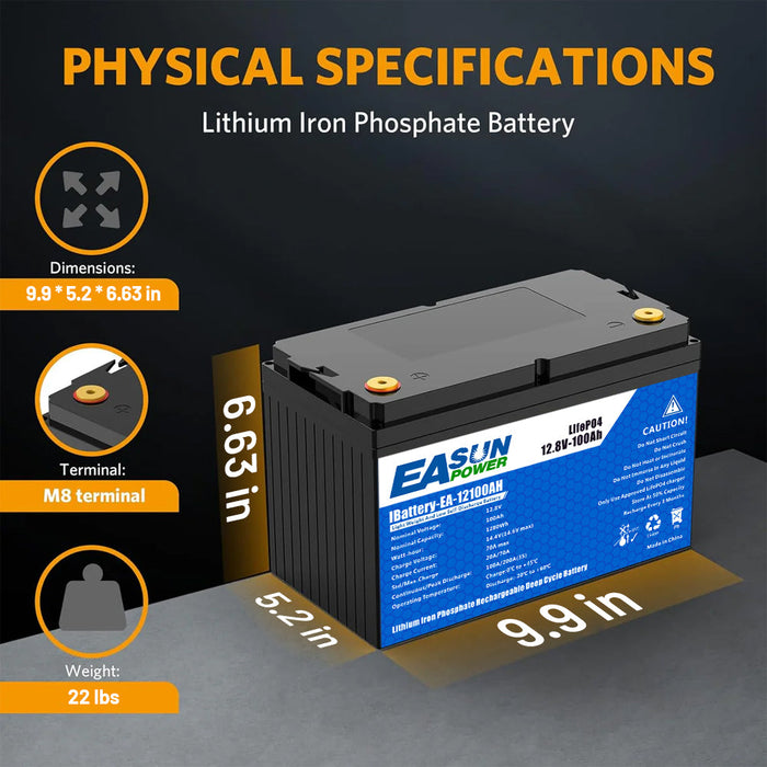 Easun Power 12V 100Ah LiFePO4 Solar Battery for Caravan, RV & Off-Grid Power