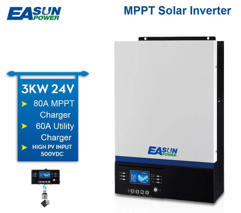 EASUN Bluetooth Solar Inverter 3000W 230Vac 24Vdc 80A MPPT with 500Vdc