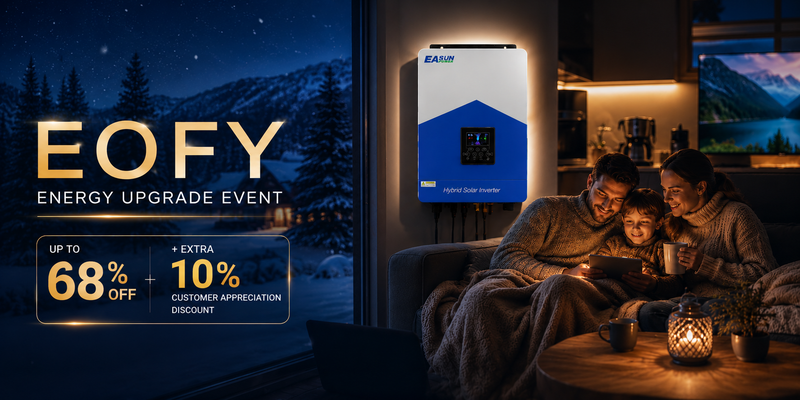 Premium EOFY winter energy campaign featuring hybrid solar inverter and cozy home backup power scene