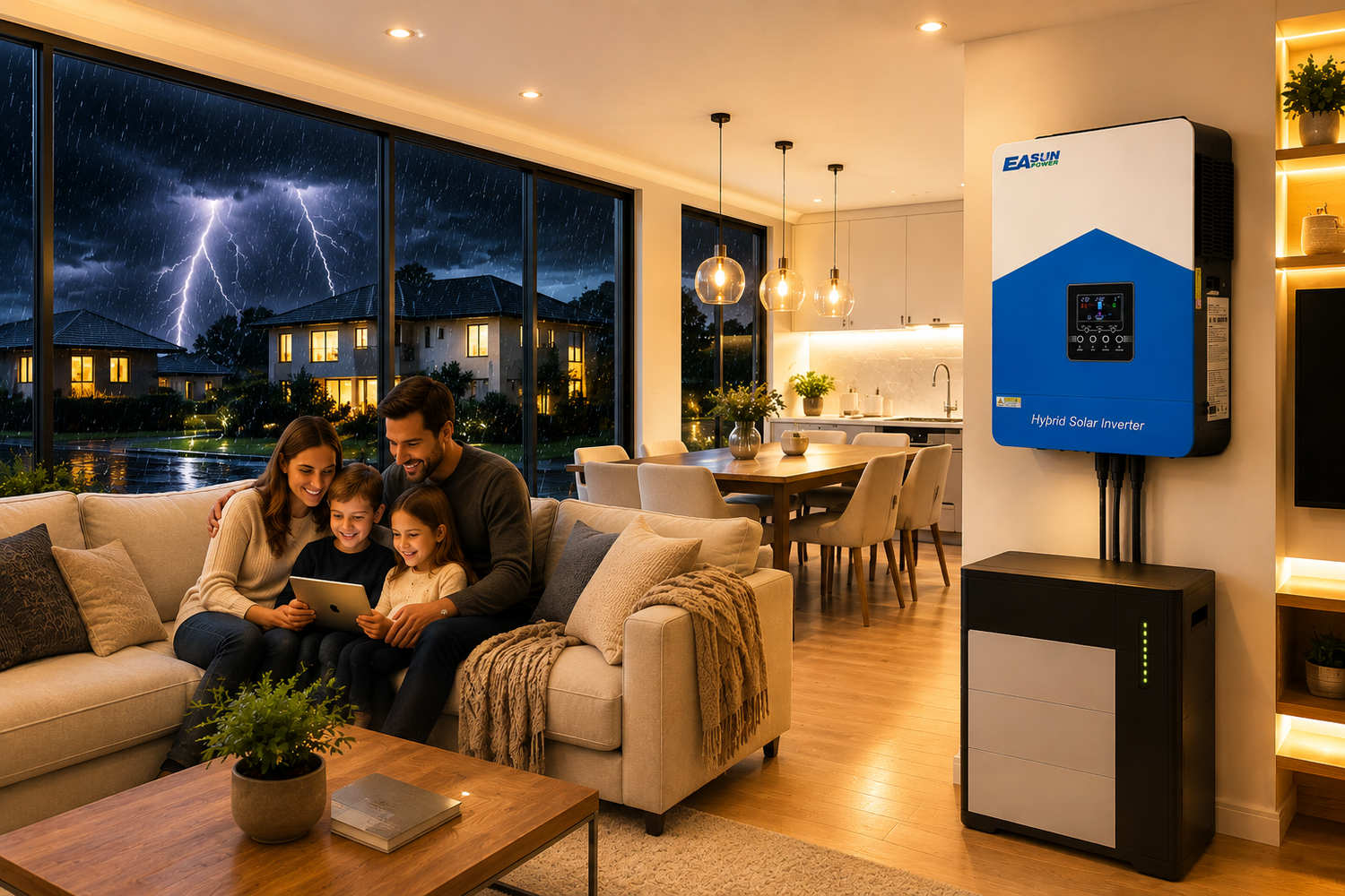 Hybrid solar inverter powering a modern Australian home during a winter storm