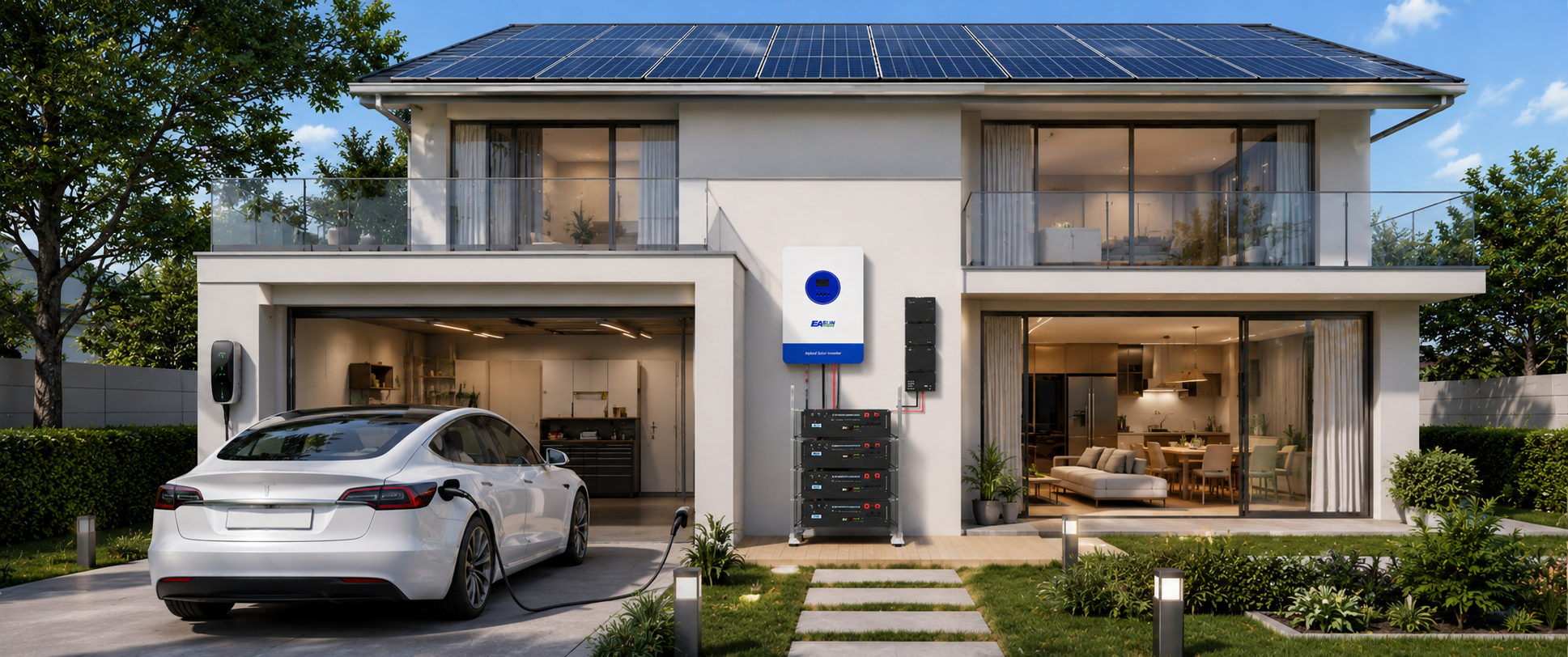 Modern smart home with rooftop solar panels, EASUN hybrid solar inverter, battery storage system, and electric vehicle charging in driveway