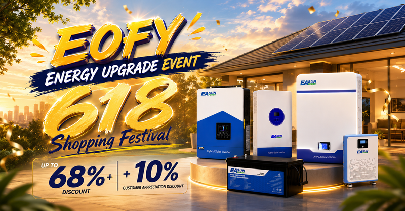 EOFY Energy Upgrade Event 618 Shopping Festival banner featuring EASUN Power solar inverters and LiFePO4 battery systems with up to 68% off and 10% customer appreciation discount in a premium Australian home energy scene