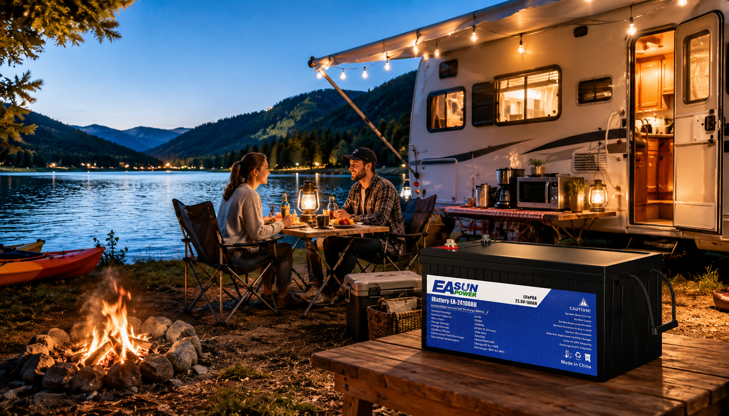 Off-grid RV camping power system with LiFePO4 battery and outdoor energy storage