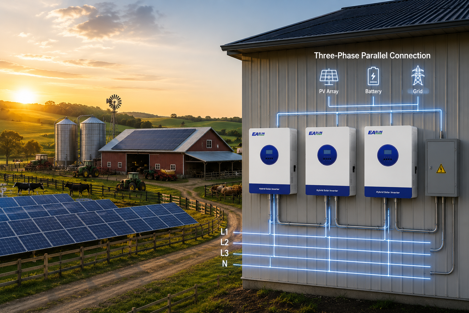 Three-phase parallel hybrid solar inverter system for smart farm energy solutions